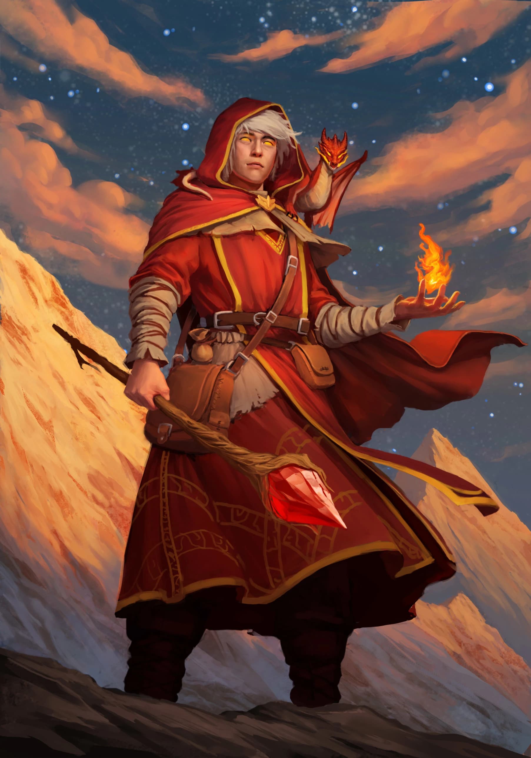 A fire mage dressed in an ornate red robe calmly basking in the sunrise.