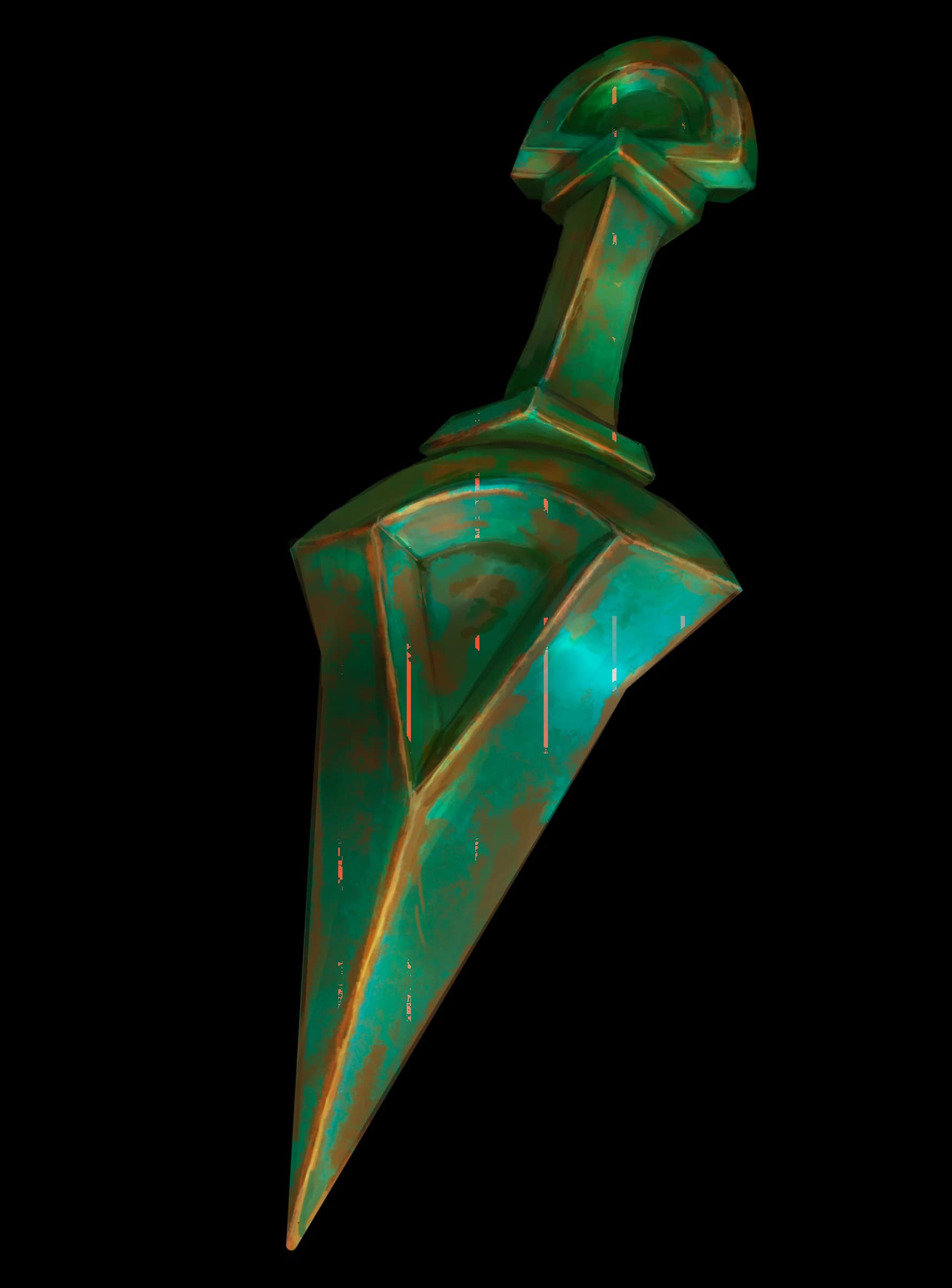 A worn down dagger made of a green metal.