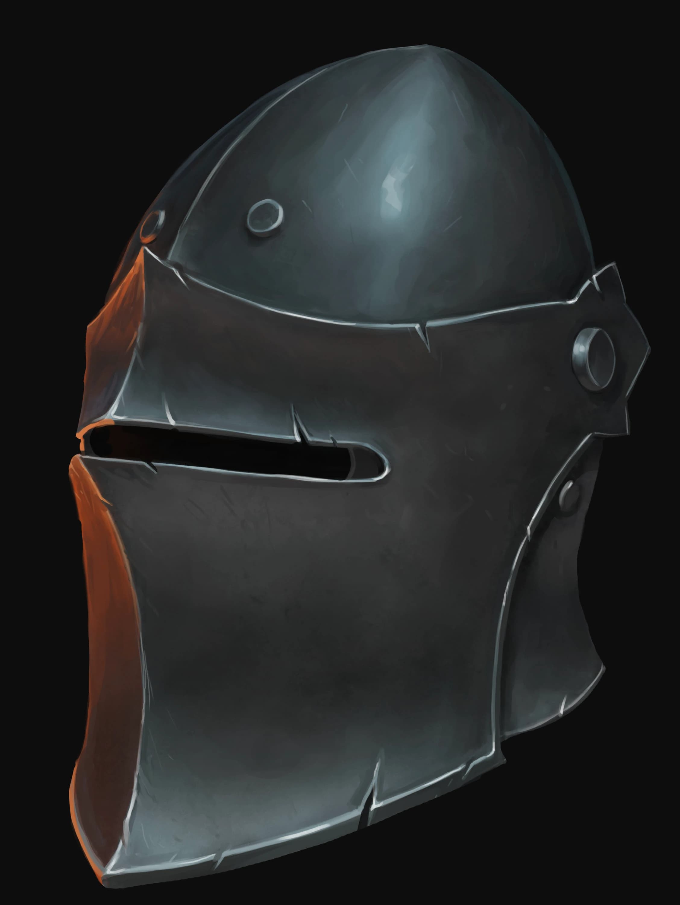 A medieval helmet with battle-scarring on its egdes.