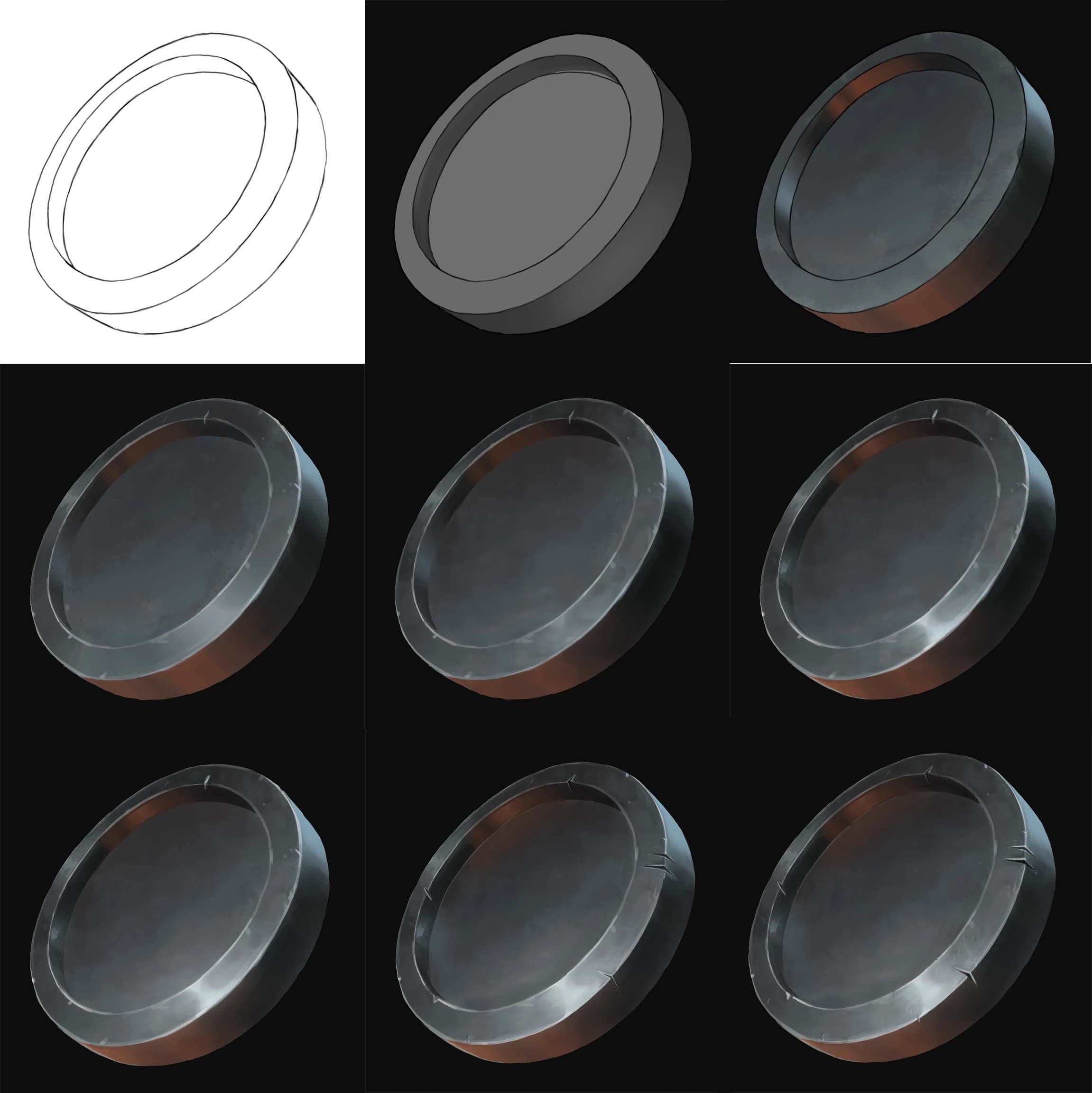 The process of drawing and rendering a metalic token, from line-art to coloring, shading and rendering.