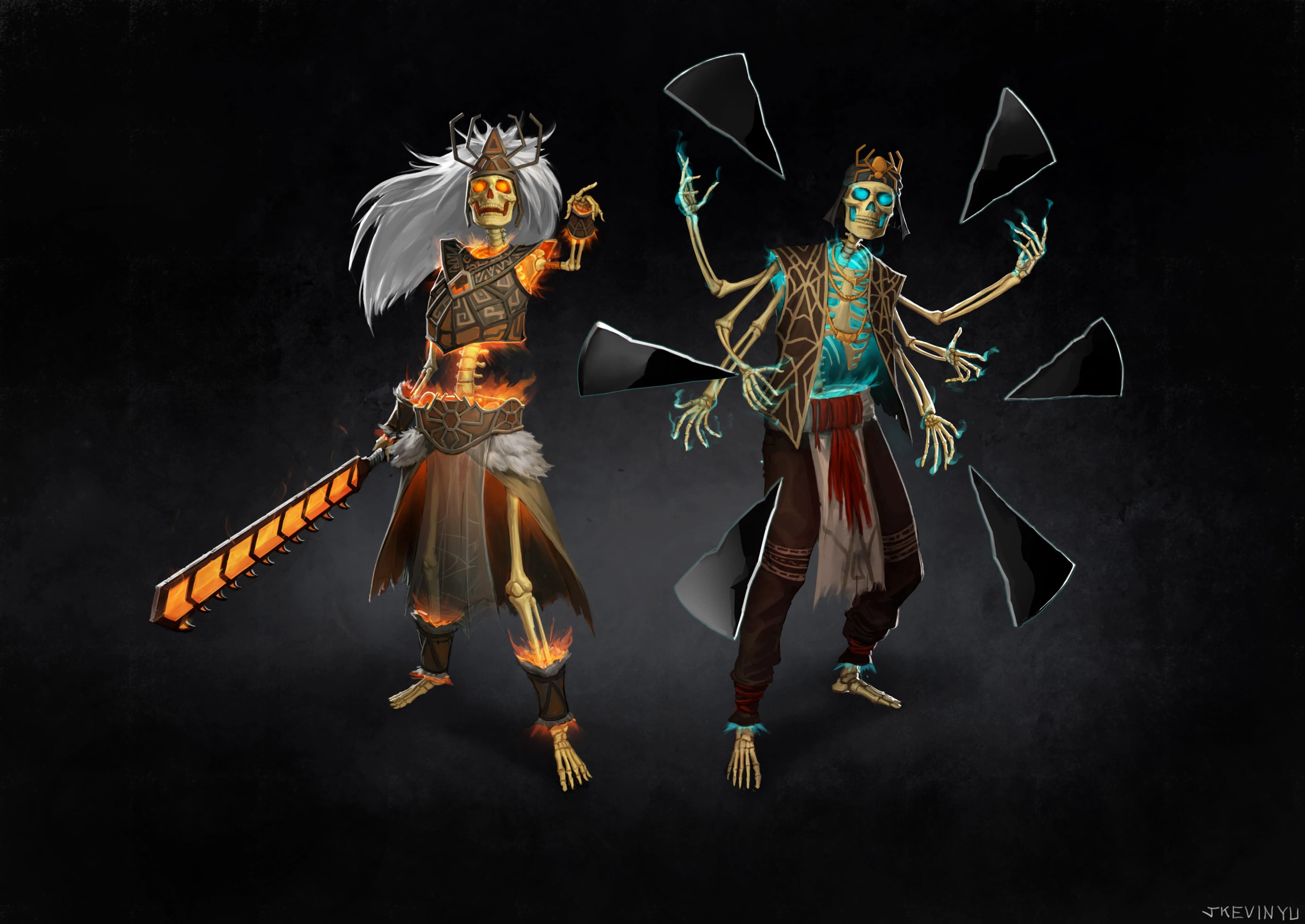 Two mystical skeleton warriors, one with long white hair carrying a sword and wearing a runic chestplate made of metal. And another one with six arms and surrounded by six jagged dagger-like shards of black glass, wearing leather armor.