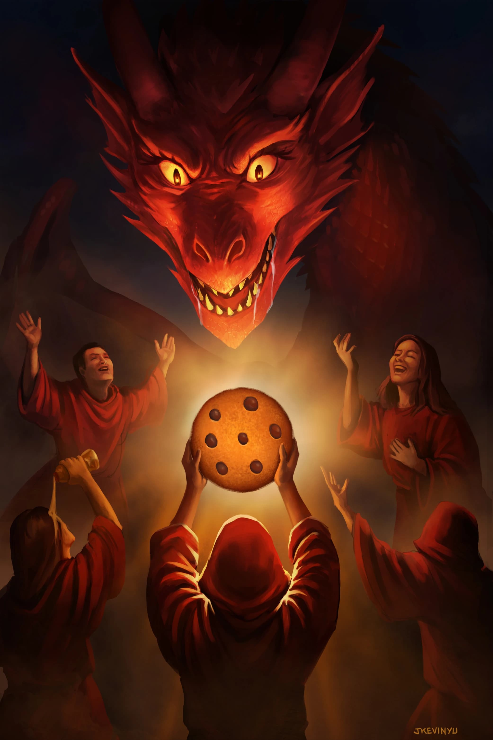 A dragon surrounded by cultists with an offering of a cookie.