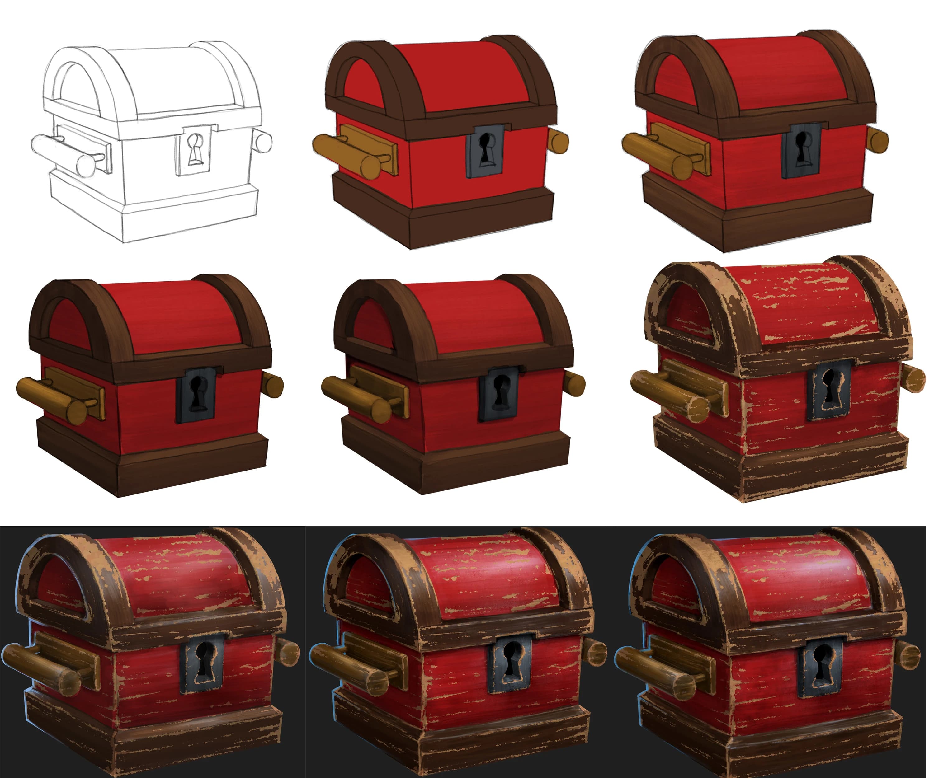 The process of drawing and rendering a red wodden chest, from line-art to coloring, shading and rendering.