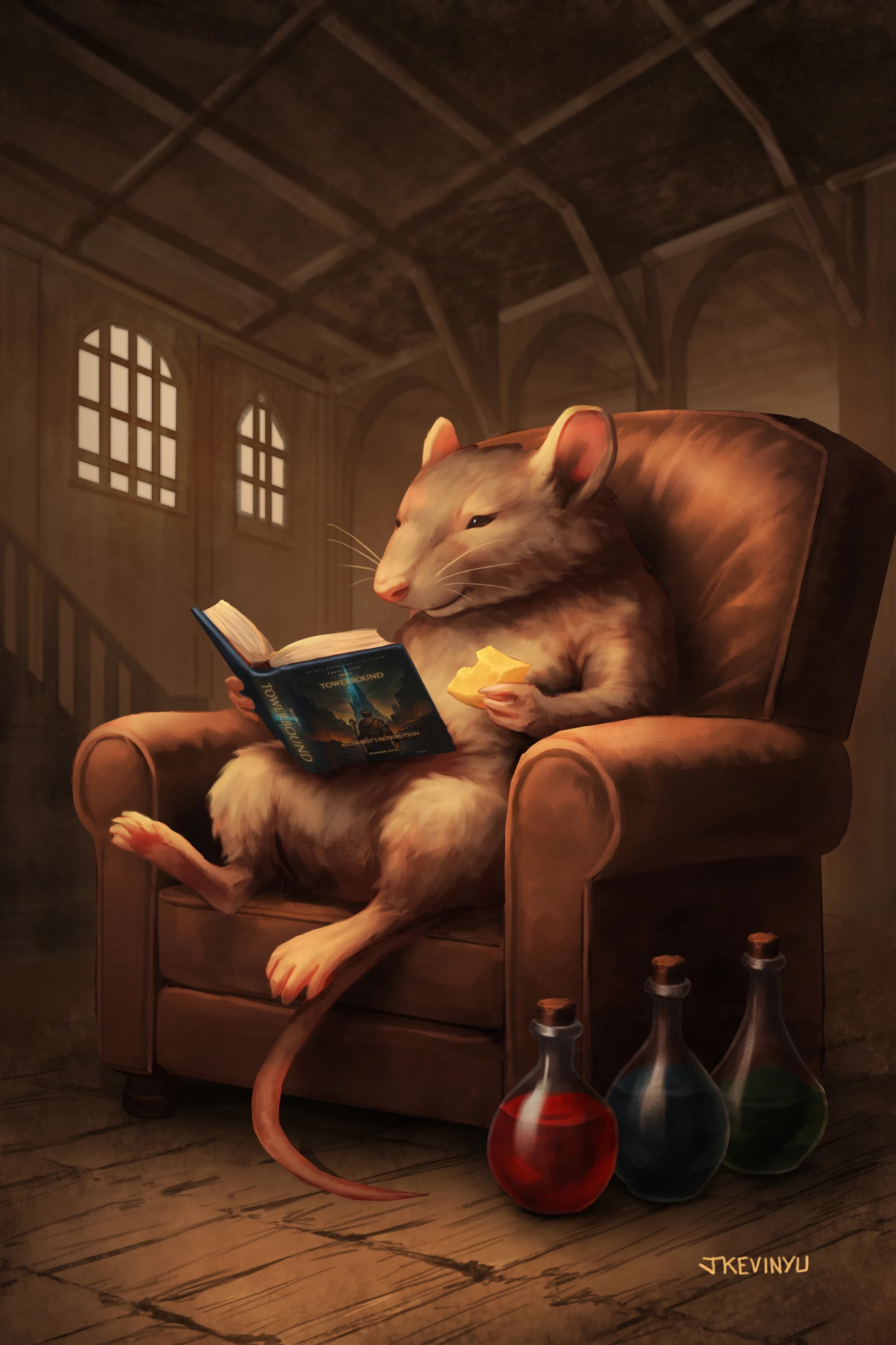 A rat reading a book while sitting on a couch.