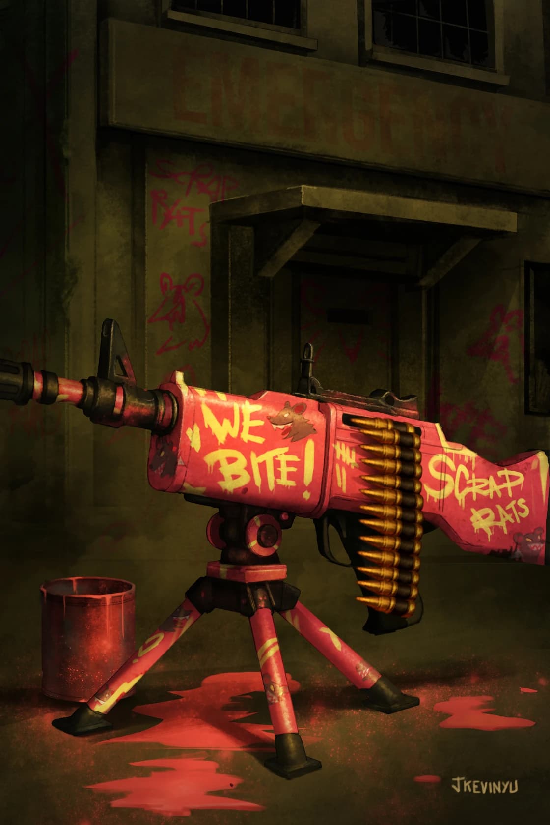A pink machine gun on a tripod with an urban background behind it.