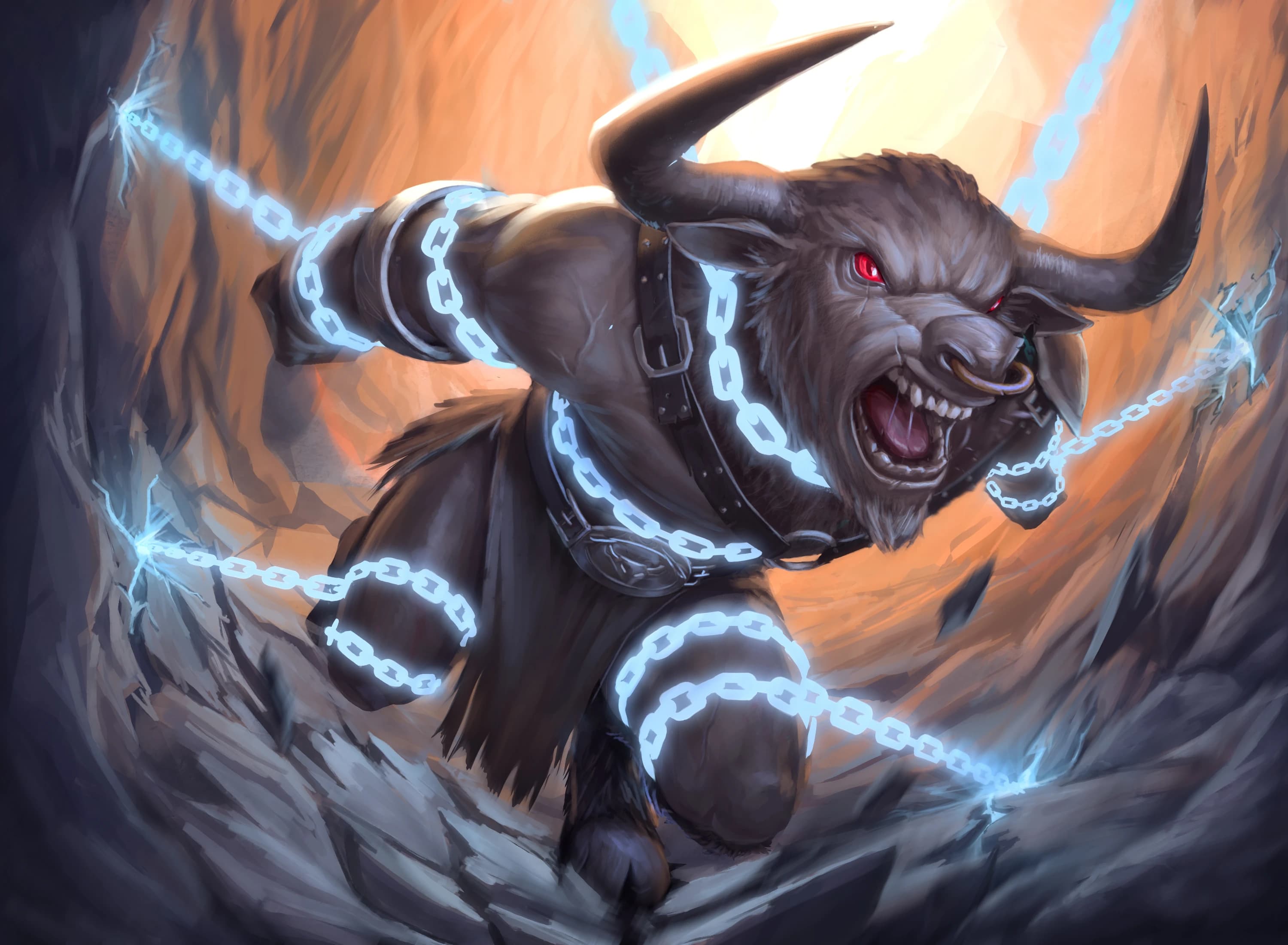 A captive enraged minotaur bound by glowing magical chains.