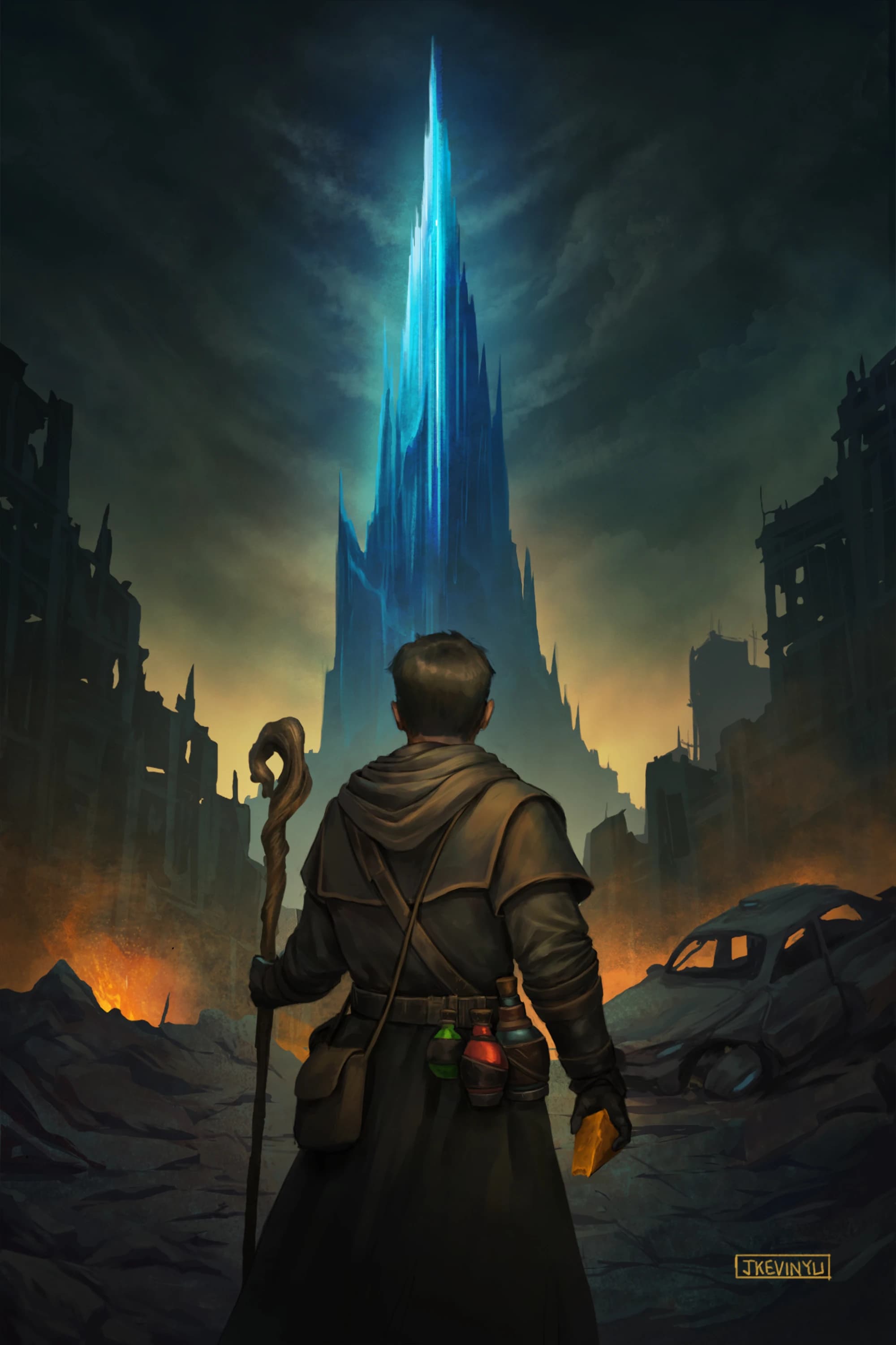 A human looking upon a shining crystal tower.