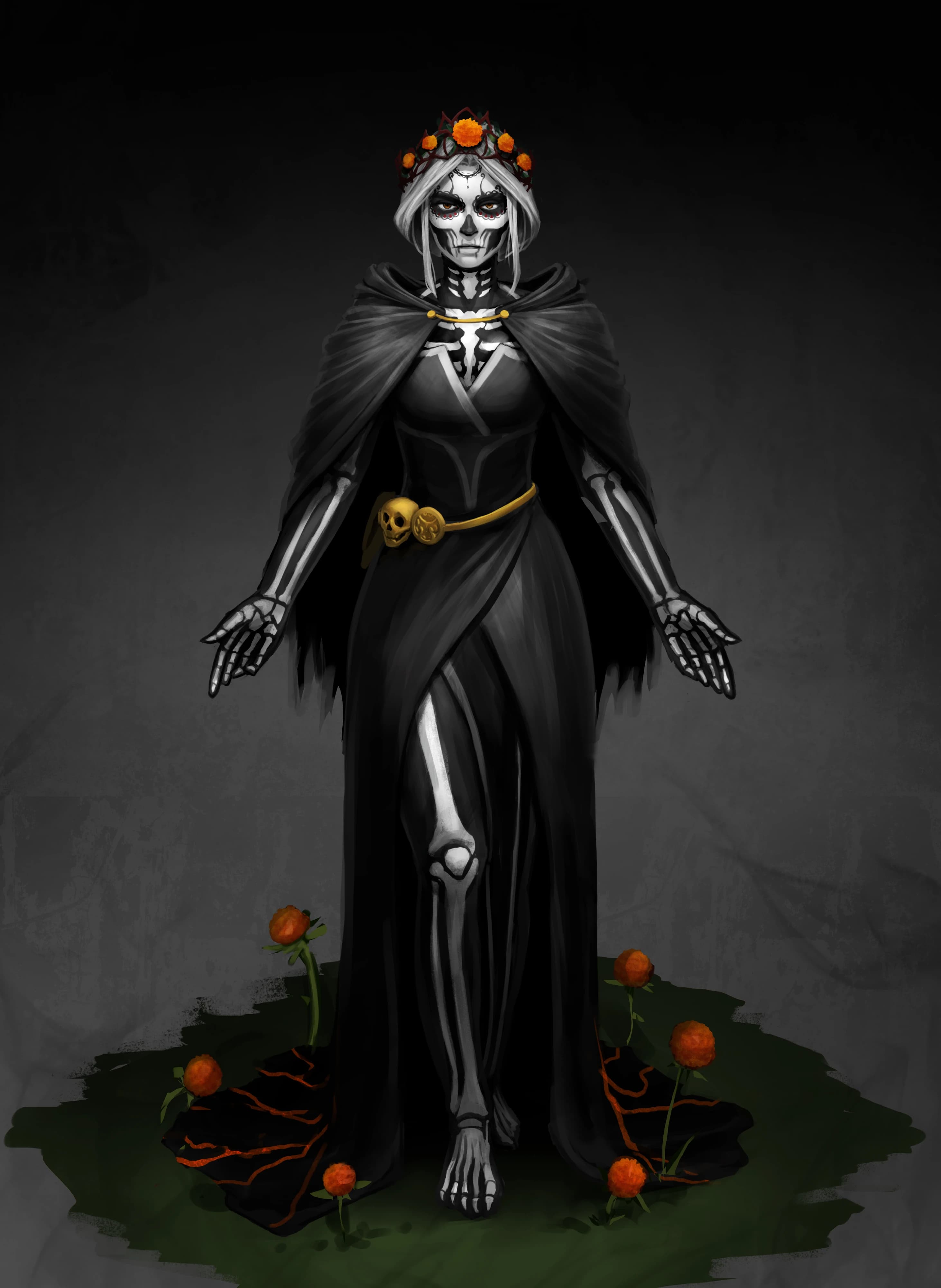 A woman wearing a black robe with her body painted to look like a skeleton, adorned by a crown of orange flowers with her feet surrounded by them as well.