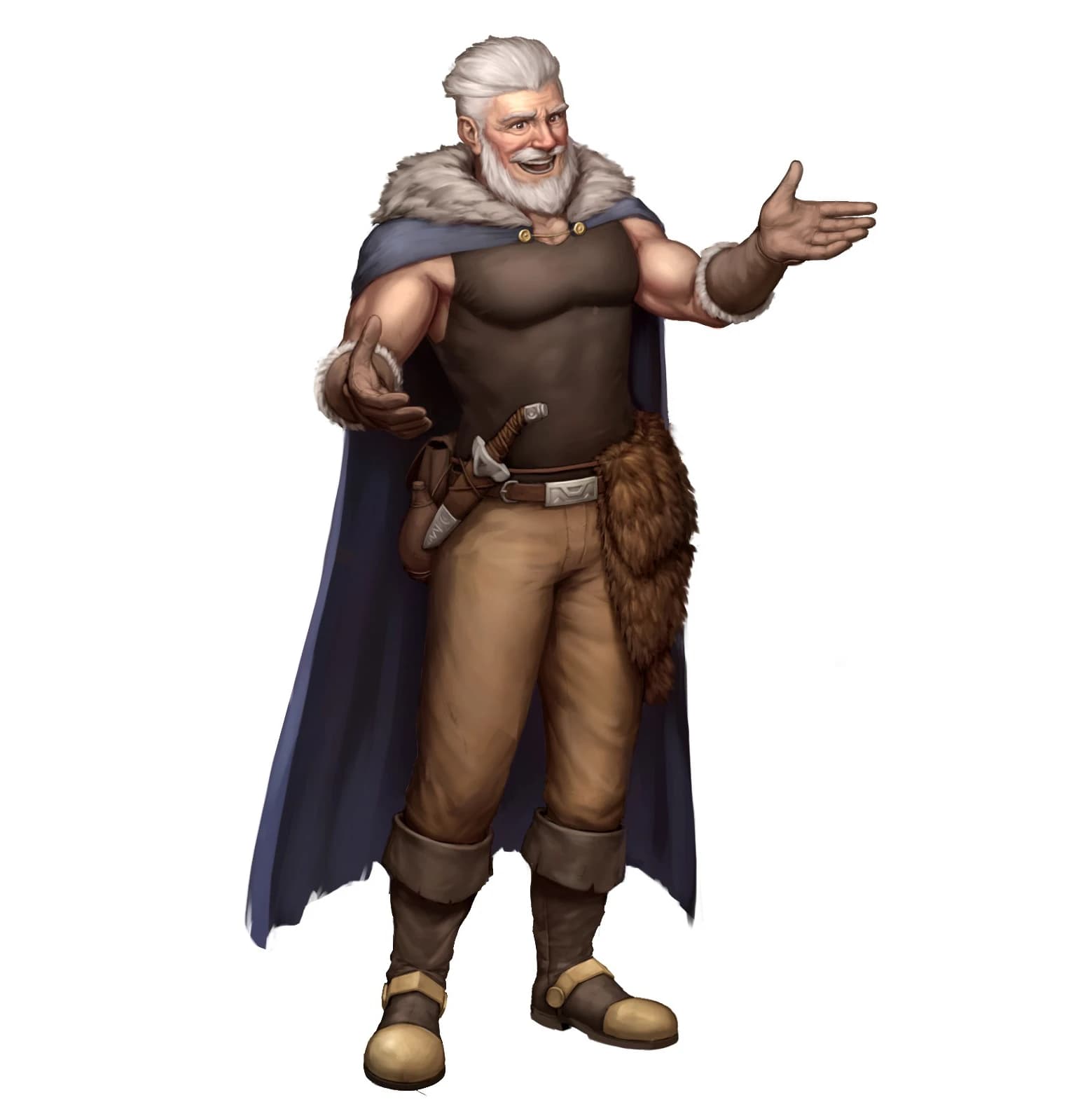 A friendly looking, well aged man with a strong build. He is clothed with a lot of leather and animal hide garmets.