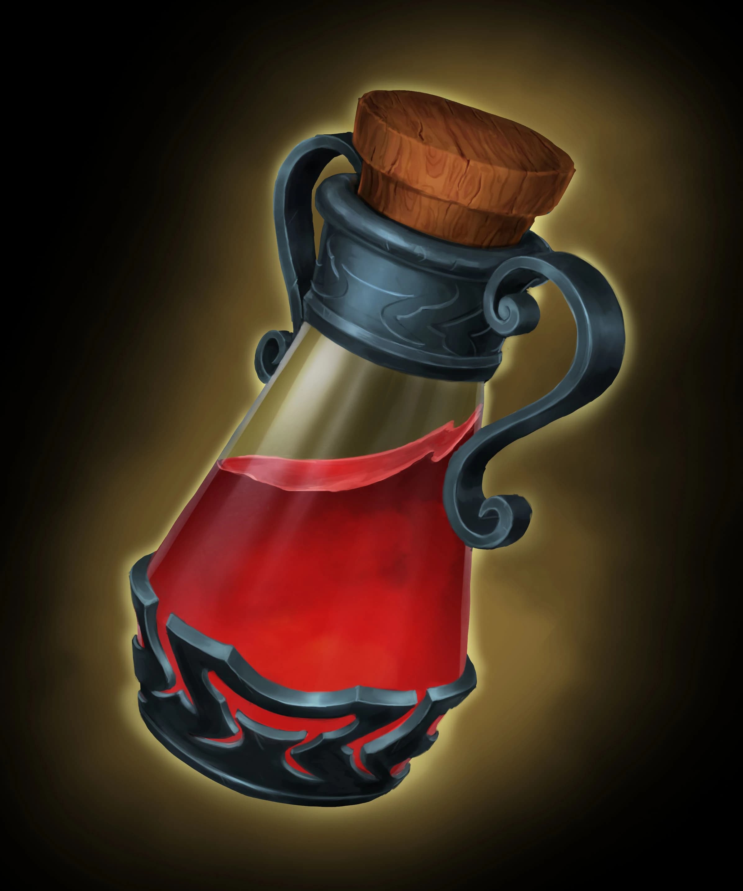 A small bottled red potion with an oranate handle and base sealed with a cork.