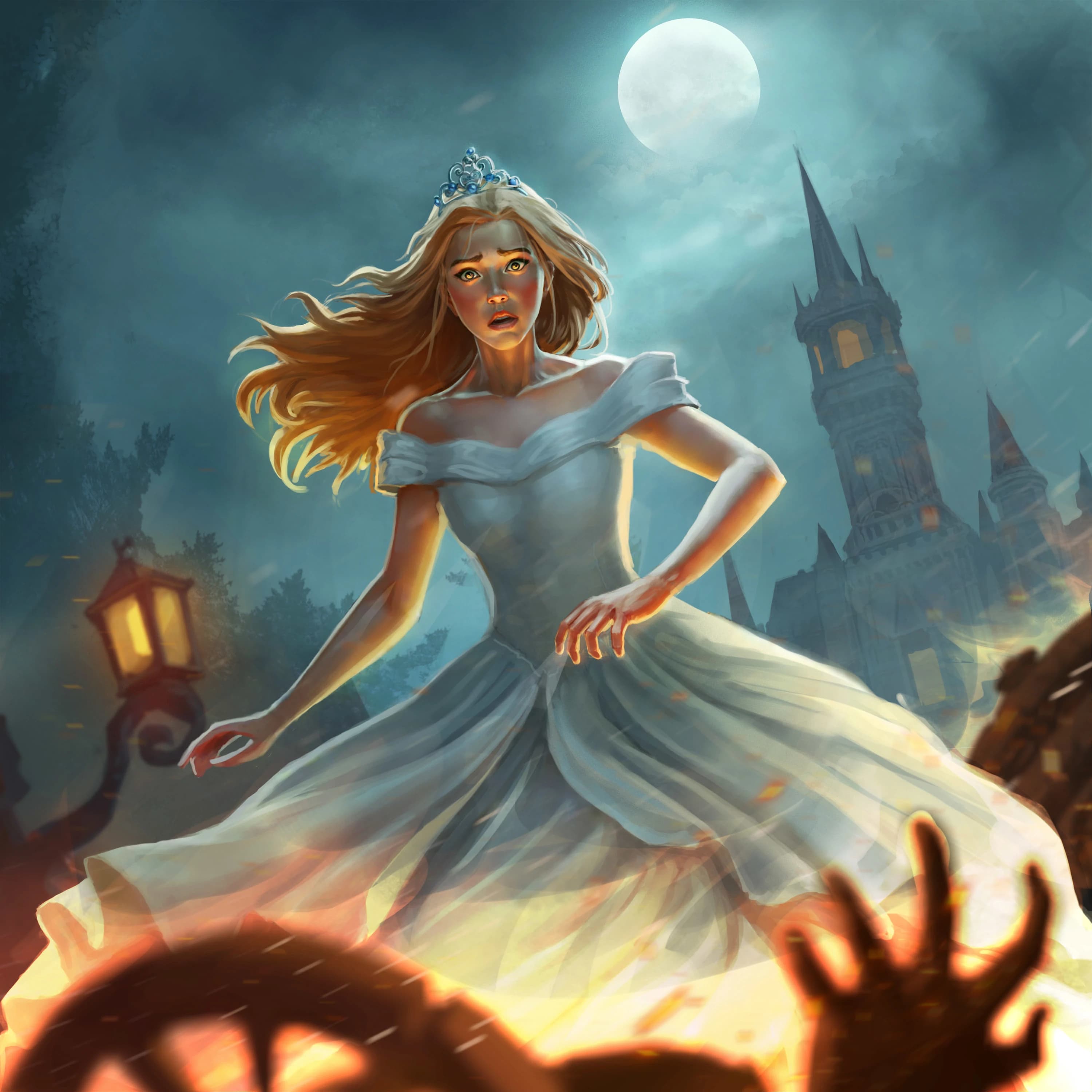 A harrowing scene of Cinderalla, a blonde woman wearing an elegant white dress, outside a carriage with her surroundings and a figure of a person's hand on fire.