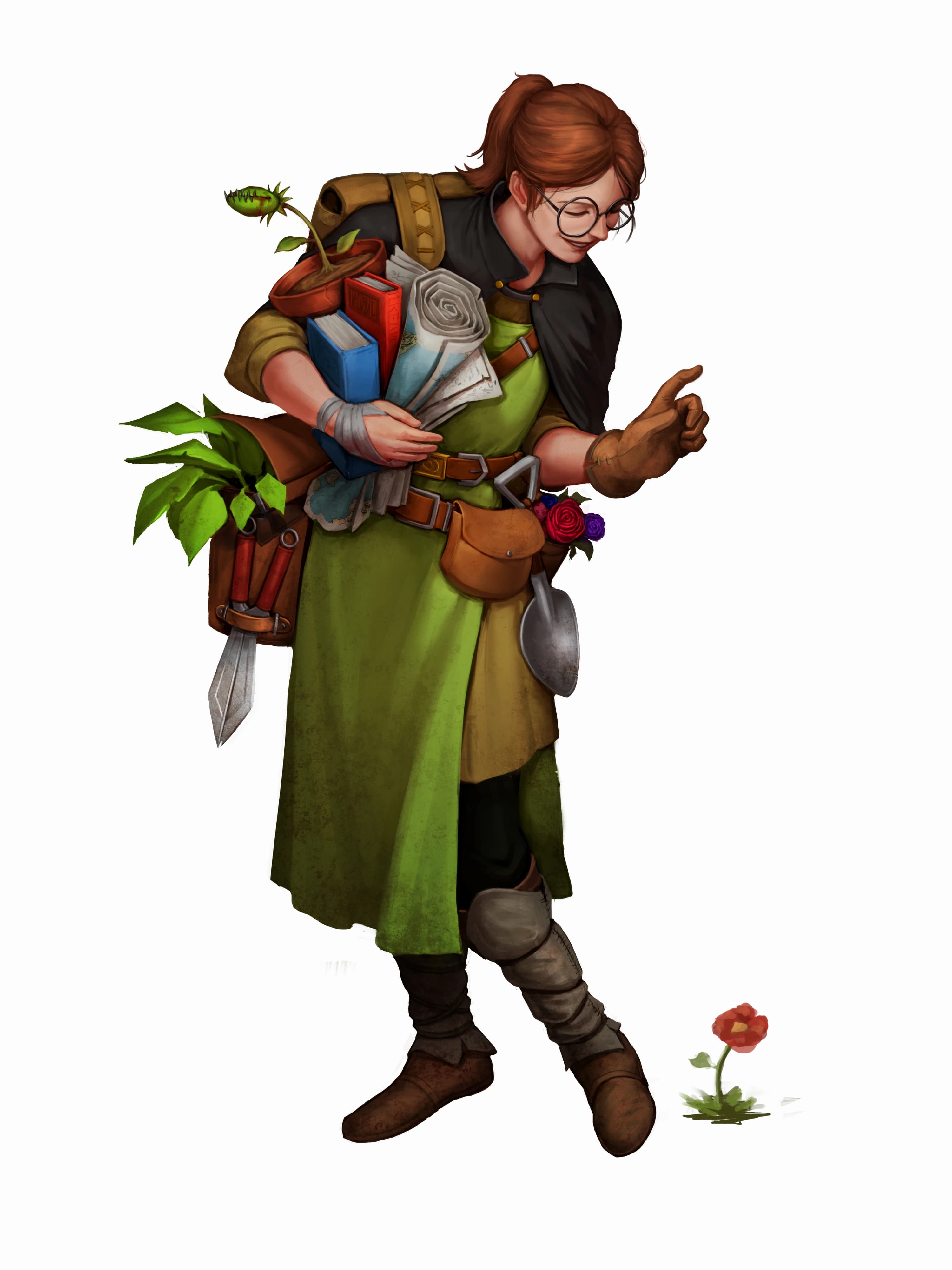 A gentle looking lady carrying a lot of materials from books, to scrolls, to bags with plants and gardening tools smiling and admiring a rose on the ground.