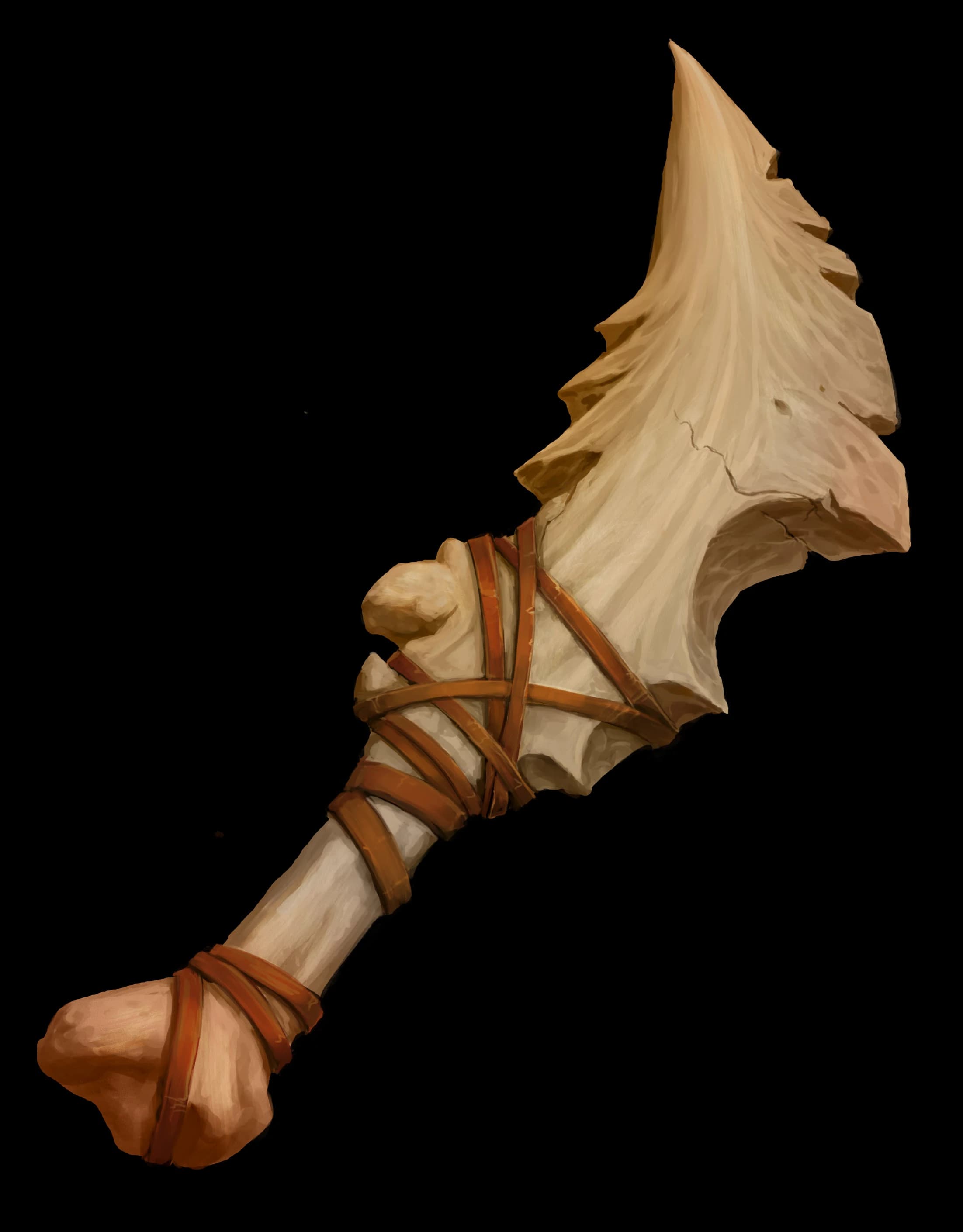 A dagger made of a bone wrapped in straps of leather.